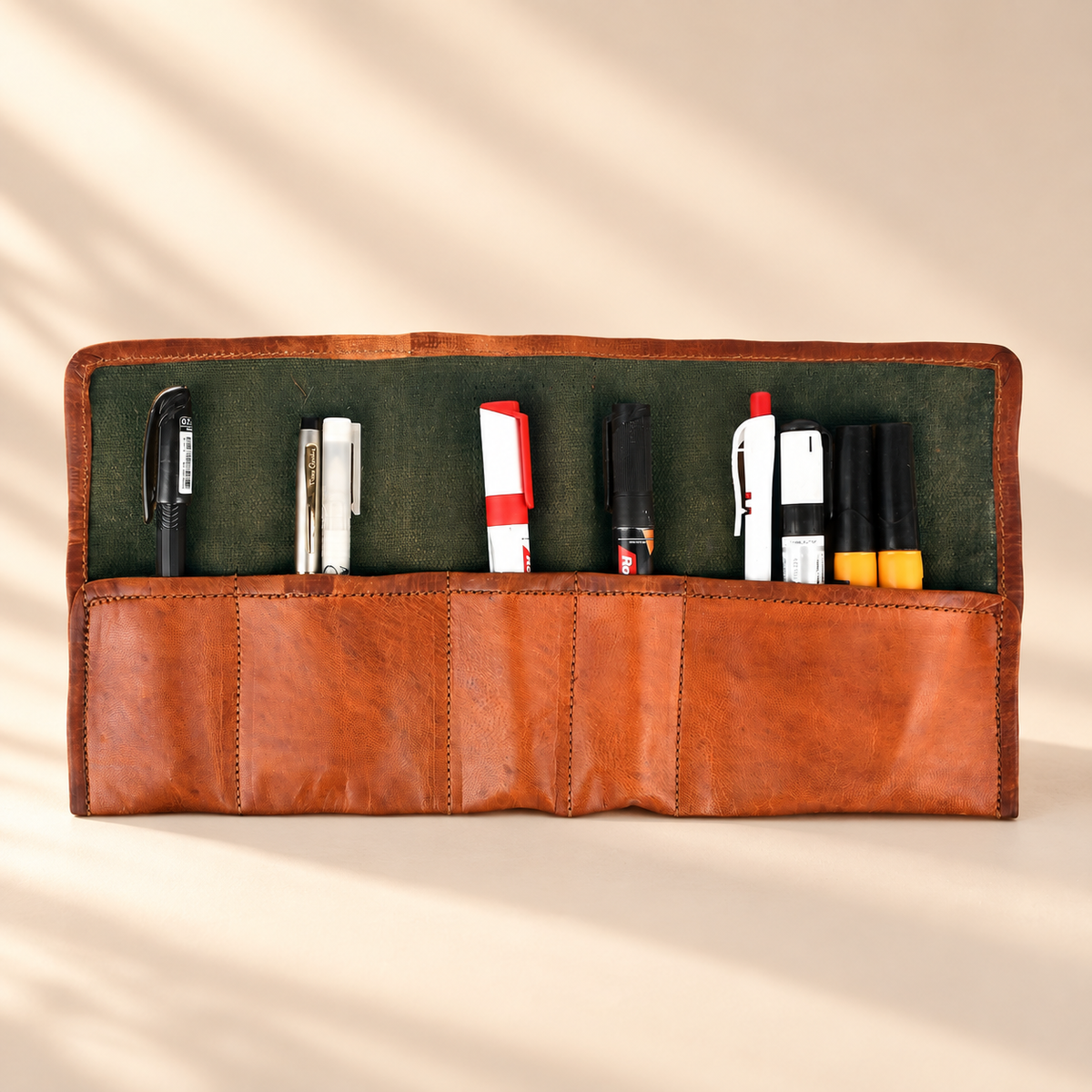Full-Grain Leather Roll-Up Pencil Case with Buckle