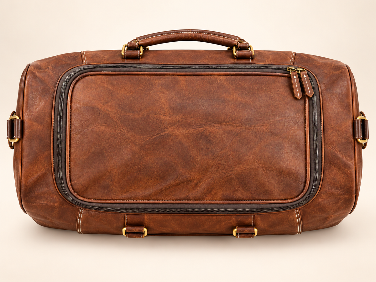 Brown Leather Duffle Bag 20 Inch – Front Buckle Pocket & Brass Zip Travel Weekender