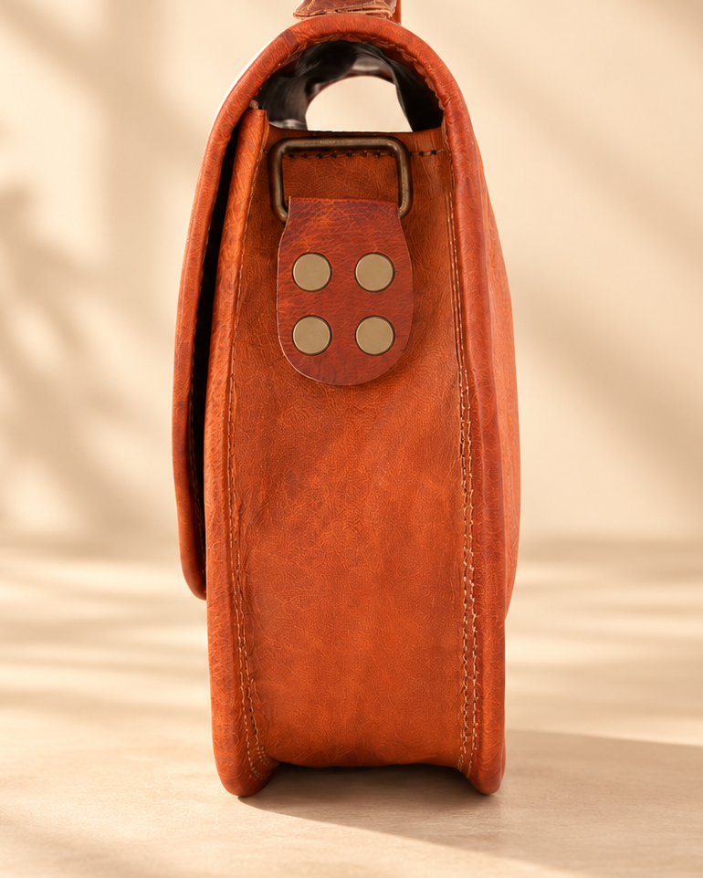 A close-up side view of a distressed brown leather bag with a top handle and a decorative strap detail featuring four brass rivets, set against a warm beige background with soft leaf shadows.