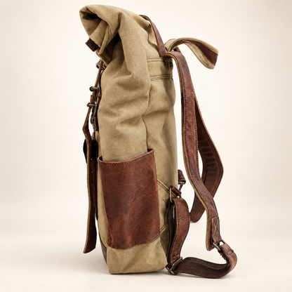 Canvas & Leather Roll-Top Travel Backpack | EL VEENU