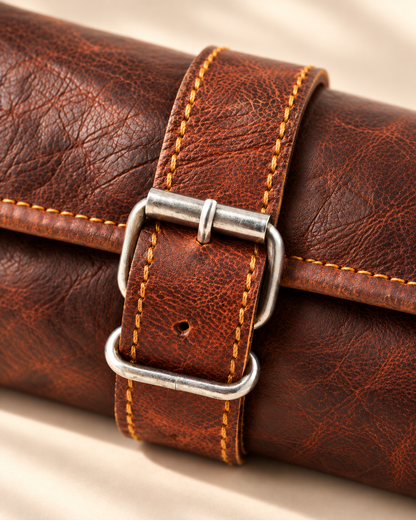 Full-Grain Leather Roll-Up Pencil Case with Buckle