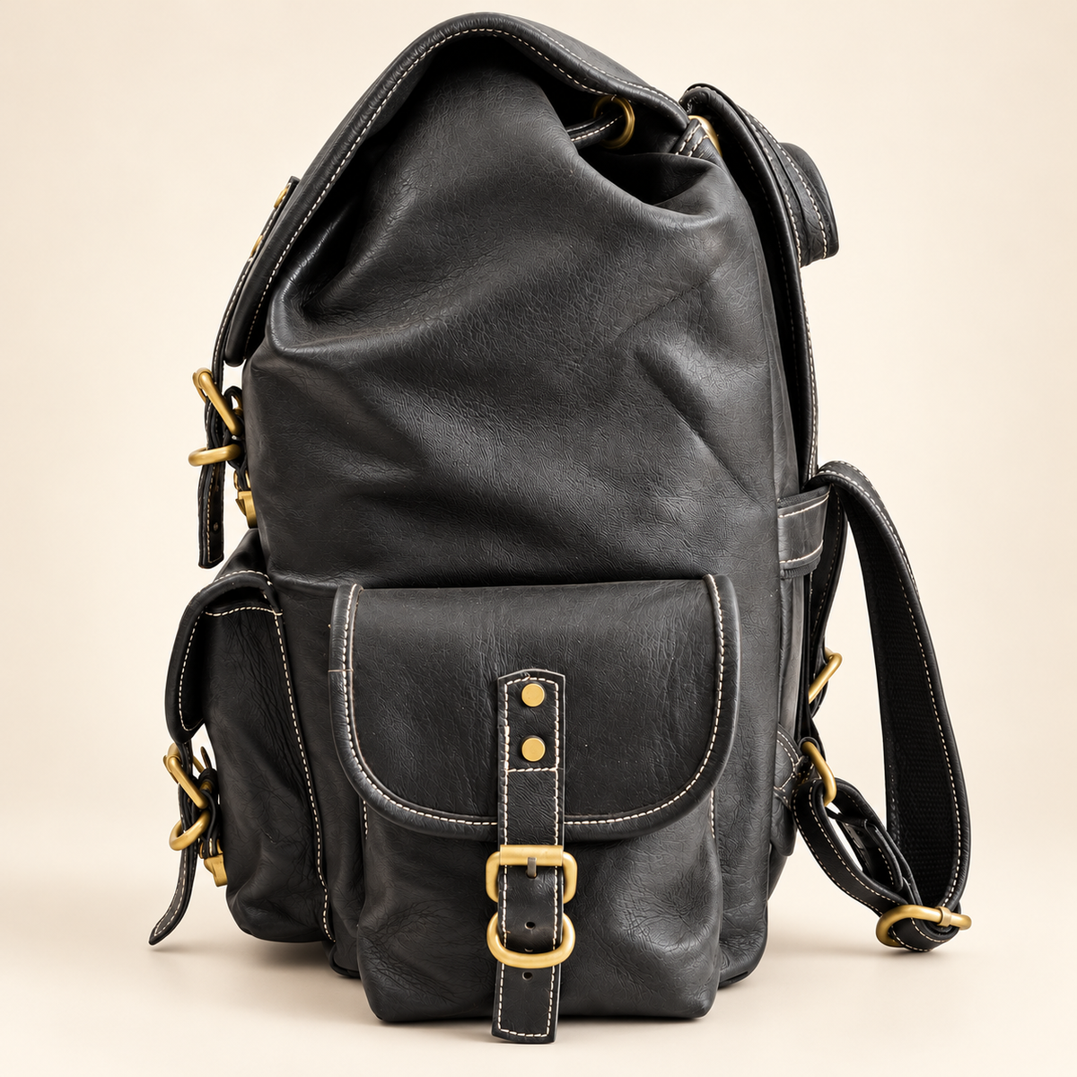 Vasu Heritage Triple-Pocket Leather Backpack – Black | EL VEENU