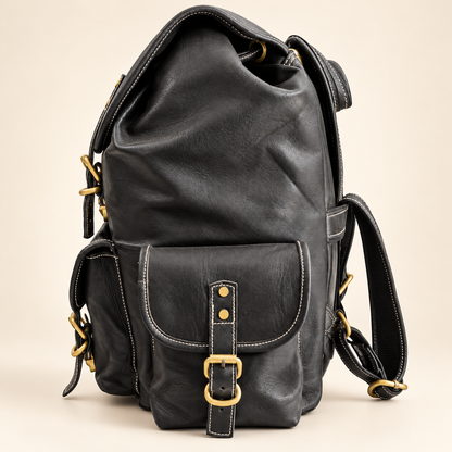 Vasu Heritage Triple-Pocket Leather Backpack – Black | EL VEENU