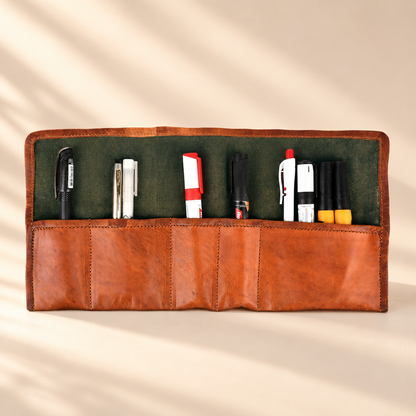 Full-Grain Leather Roll-Up Pencil Case with Buckle