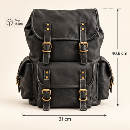Vasu Heritage Triple-Pocket Leather Backpack – Black | EL VEENU