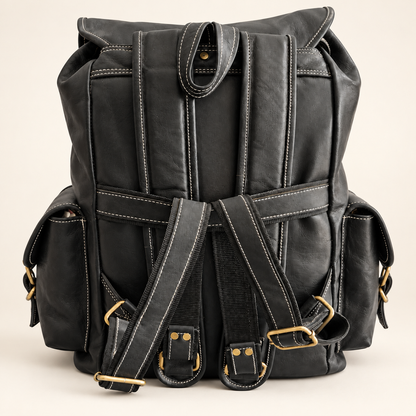Vasu Heritage Triple-Pocket Leather Backpack – Black | EL VEENU