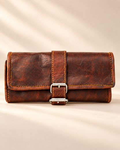 Full-Grain Leather Roll-Up Pencil Case with Buckle