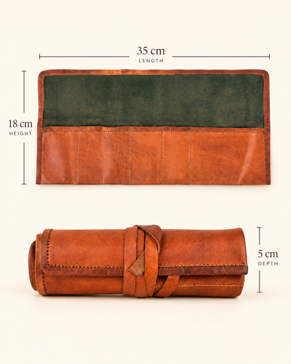 Full-Grain Leather Roll-Up Pencil Case with Tie Closure | EL VEENU