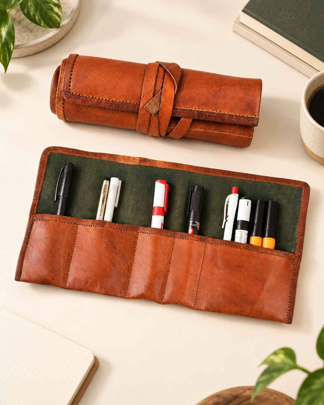 Full-Grain Leather Roll-Up Pencil Case with Tie Closure | EL VEENU