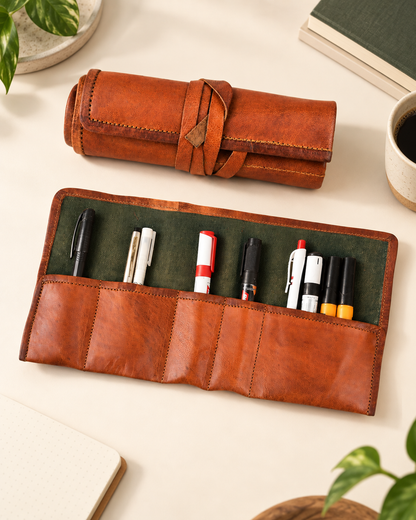 Full-Grain Leather Roll-Up Pencil Case with Tie Closure | EL VEENU
