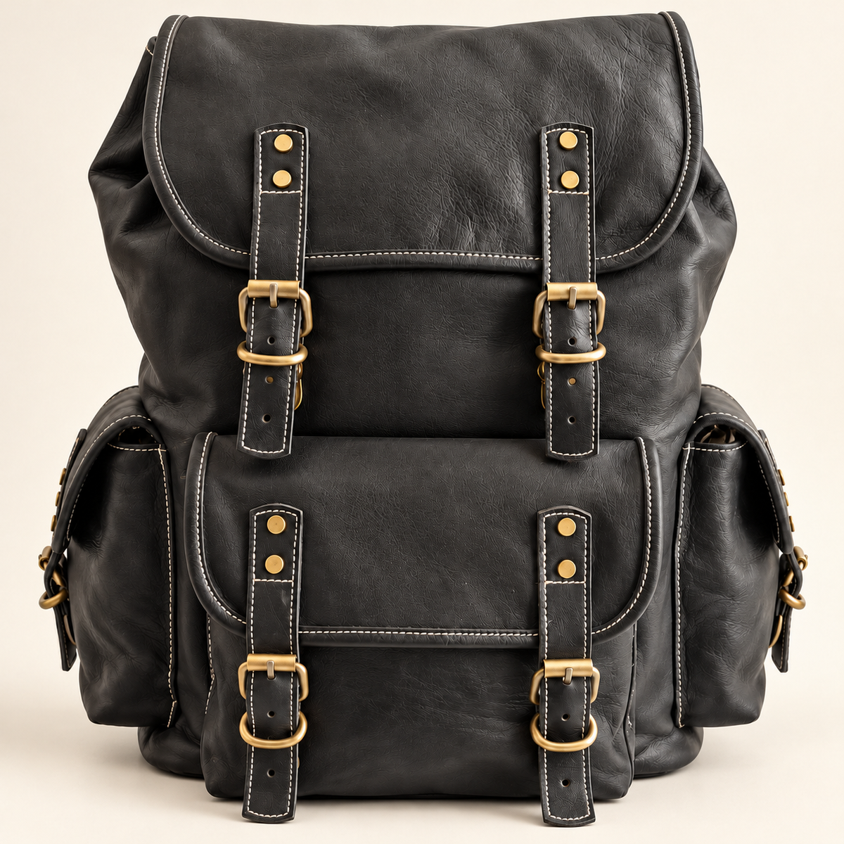 Vasu Heritage Triple-Pocket Leather Backpack – Black | EL VEENU