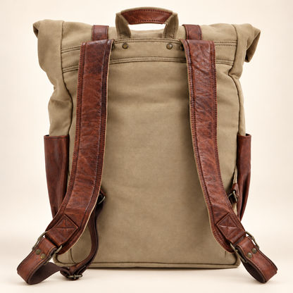 Canvas & Leather Roll-Top Travel Backpack | EL VEENU