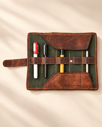 Full-Grain Leather Roll-Up Pencil Case with Buckle
