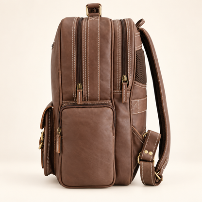 Dual-Pocket Trolley Backpack 16" | Leather Travel Backpack | EL VEENU