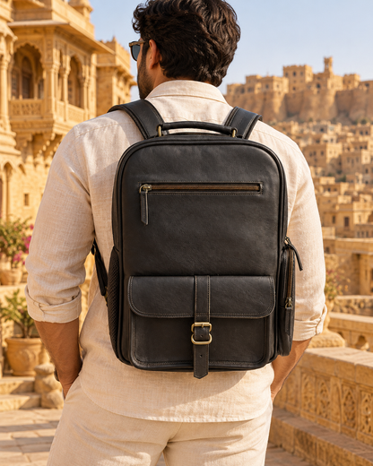 Dual-Pocket Trolley Backpack 16" | Leather Travel Backpack | EL VEENU