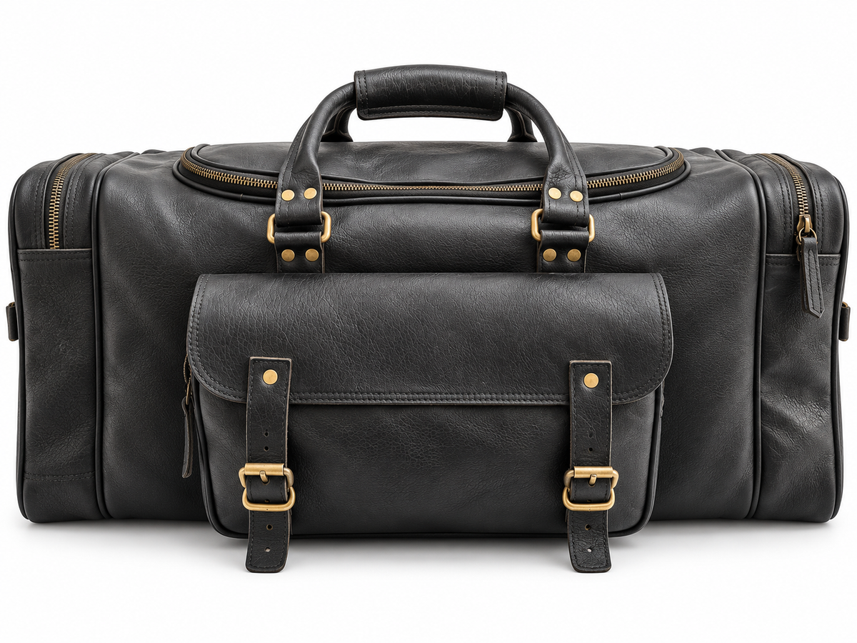 Leather Duffle Bag 26 Inch, Black & Tan, Large Weekender Travel Bag with Front Buckle Pocket & Brass Zips