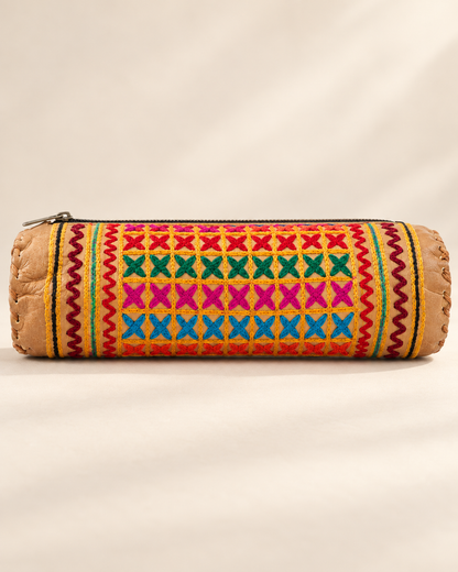 Embroidered Full-Grain Leather Pencil Case - Natural Brown