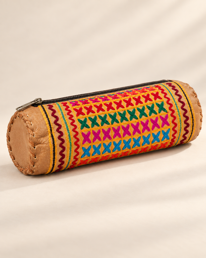 Embroidered Full-Grain Leather Pencil Case - Natural Brown