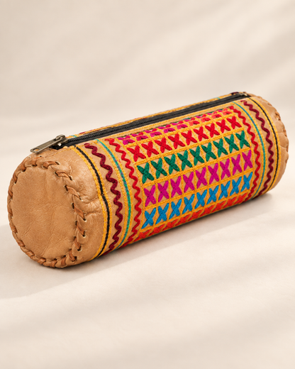 Embroidered Full-Grain Leather Pencil Case - Natural Brown