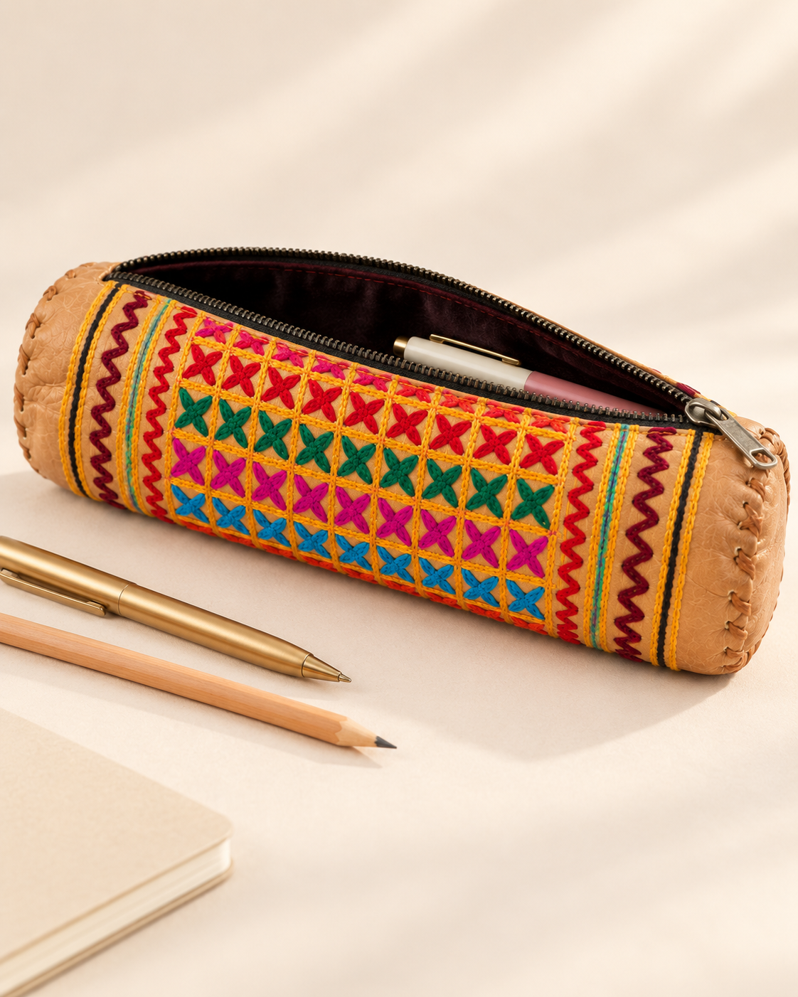 Embroidered Full-Grain Leather Pencil Case - Natural Brown
