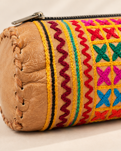 Embroidered Full-Grain Leather Pencil Case - Natural Brown