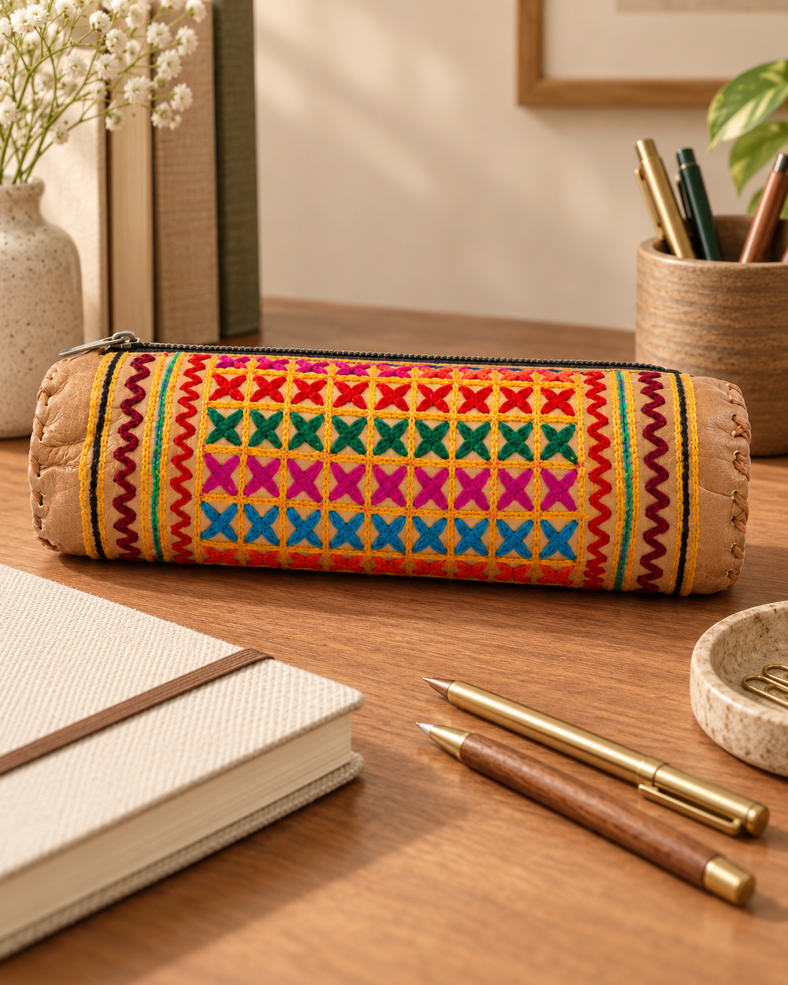 Embroidered Full-Grain Leather Pencil Case - Natural Brown