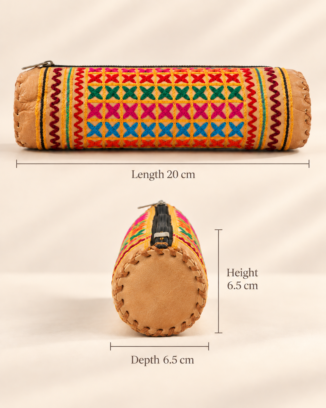 Embroidered Full-Grain Leather Pencil Case - Natural Brown