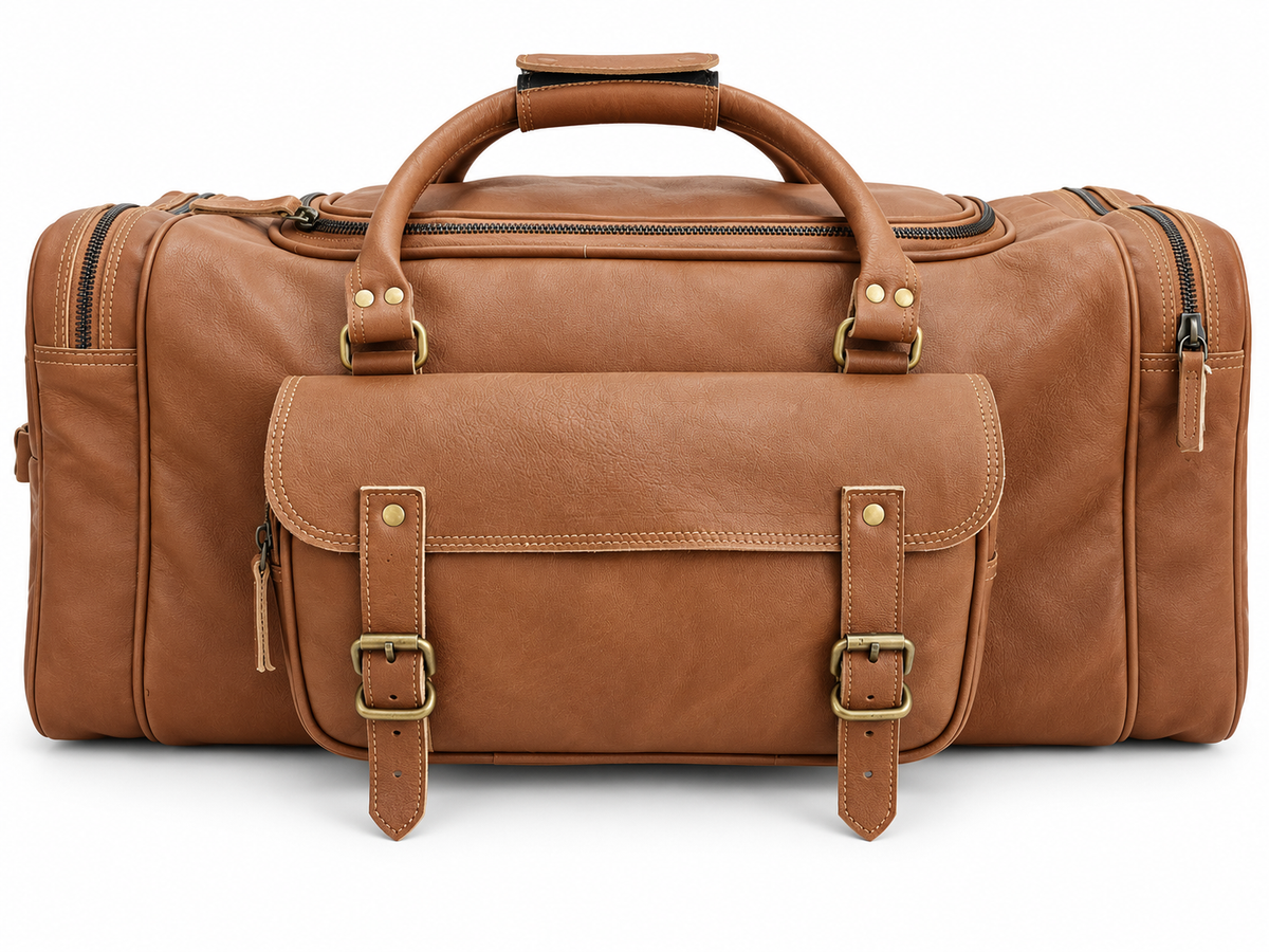 Leather Duffle Bag 26 Inch, Black & Tan, Large Weekender Travel Bag with Front Buckle Pocket & Brass Zips