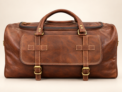 Brown Leather Duffle Bag 20 Inch – Front Buckle Pocket & Brass Zip Travel Weekender