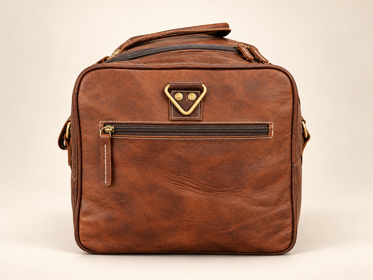 Brown Leather Duffle Bag 20 Inch – Front Buckle Pocket & Brass Zip Travel Weekender