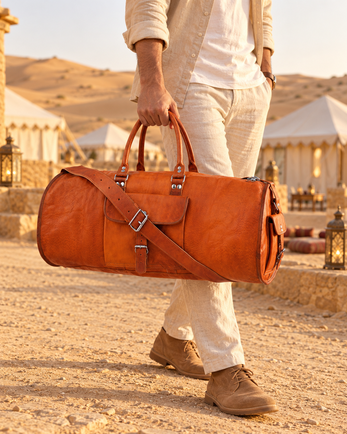 Tan Leather Round Duffle Bag 18 Inch, Small Dholki Gym & Overnight Bag with Side Buckle Pocket & Shoulder Strap