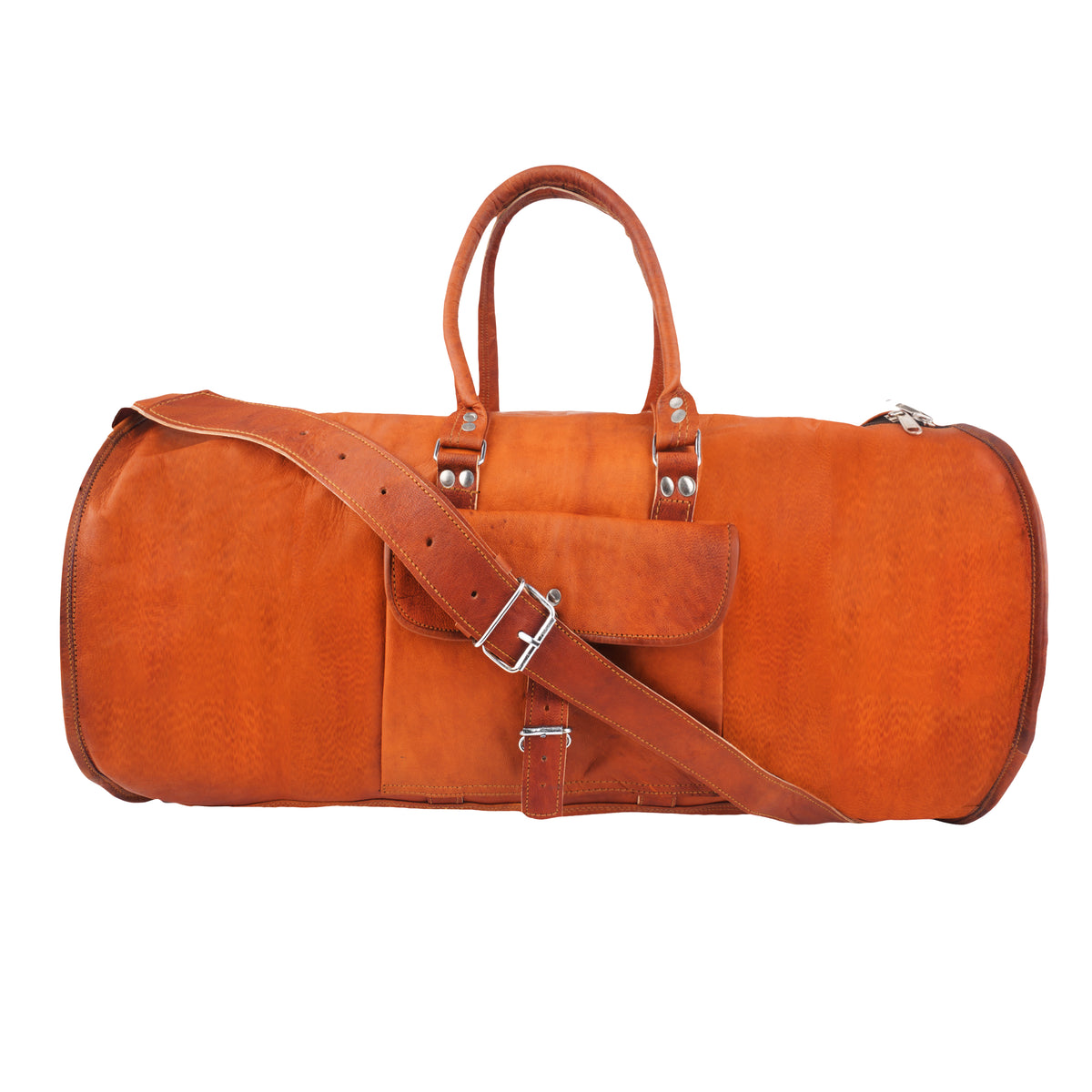 Tan Leather Round Duffle Bag 18 Inch, Small Dholki Gym & Overnight Bag with Side Buckle Pocket & Shoulder Strap