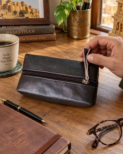 Square Top-Grain Leather Pen & Utility Pouch