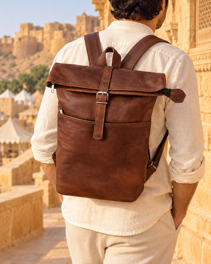 Flatbed Roll-Top Flap 20" | Leather Backpack | EL VEENU