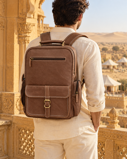 Dual-Pocket Trolley Backpack 16" | Leather Travel Backpack | EL VEENU
