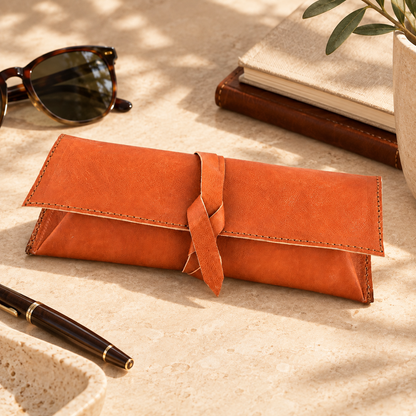 Full-Grain Leather Glasses & Pen Case with Tie Closure