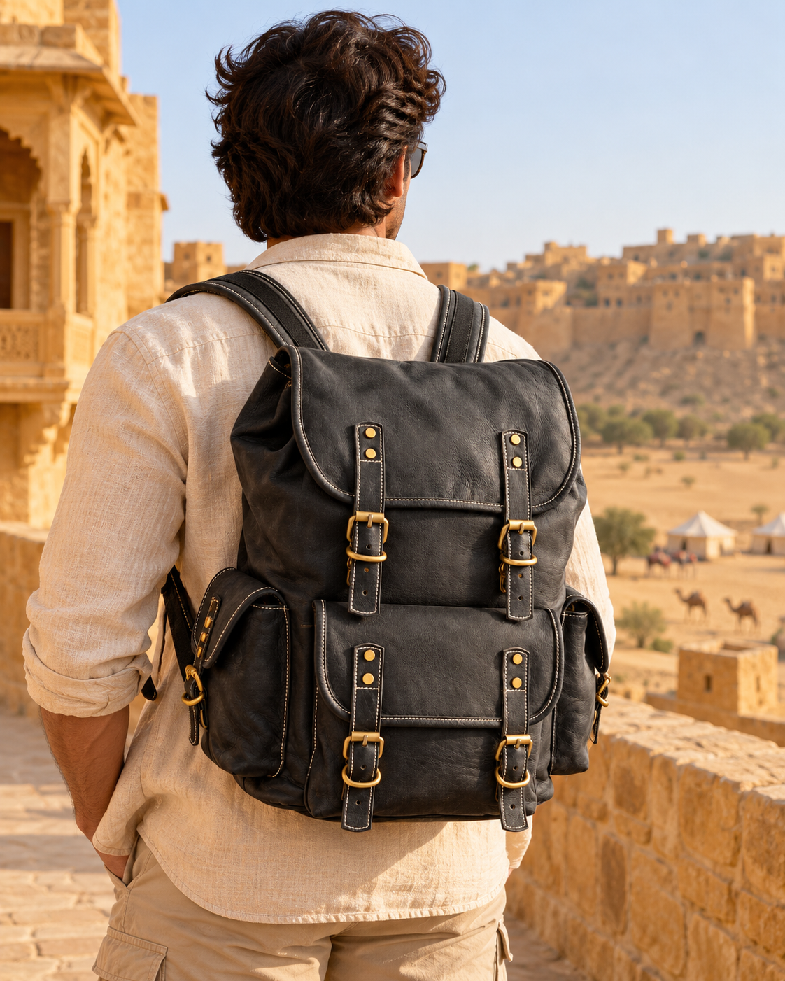Vasu Heritage Triple-Pocket Leather Backpack – Black | EL VEENU
