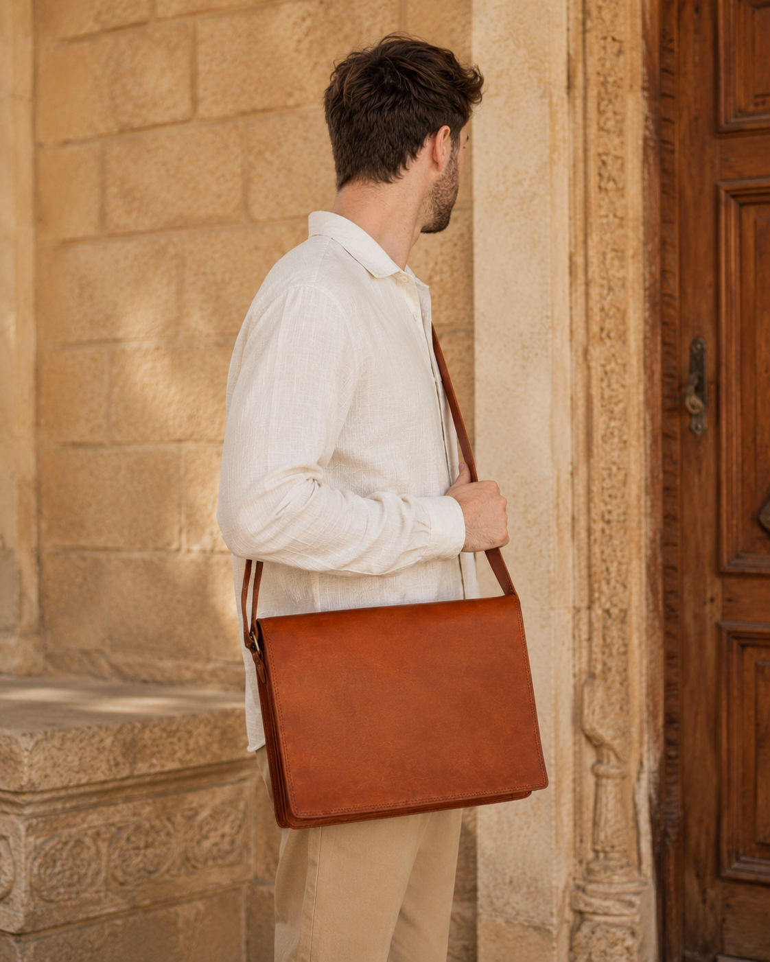 Natural Leather Messenger Laptop Bag