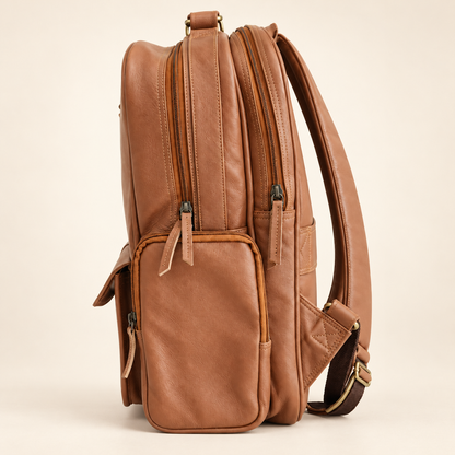 Dual-Pocket Trolley Backpack 16" | Leather Travel Backpack | EL VEENU