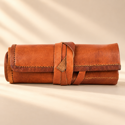 Full-Grain Leather Roll-Up Pencil Case with Tie Closure | EL VEENU