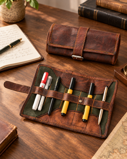 Full-Grain Leather Roll-Up Pencil Case with Buckle