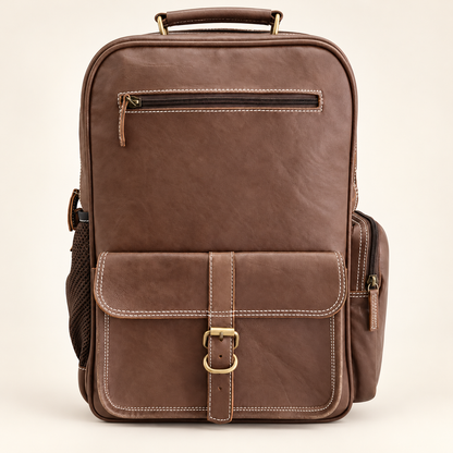 Dual-Pocket Trolley Backpack 16" | Leather Travel Backpack | EL VEENU