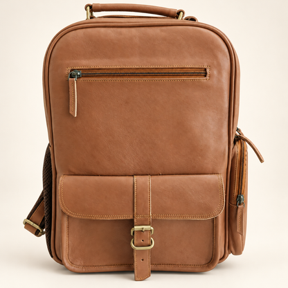 Dual-Pocket Trolley Backpack 16" | Leather Travel Backpack | EL VEENU