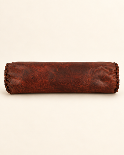 Back view of natural brown full-grain leather pencil case showing leather grain