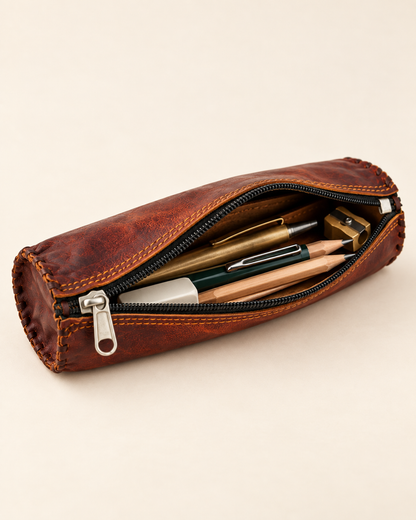 Open leather pencil case with pencils and stationery inside