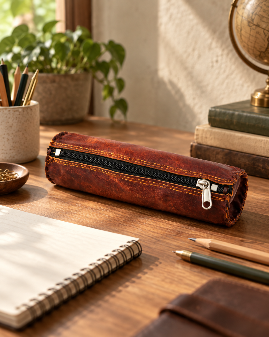 Brown leather pencil case on desk with notebook and pencils